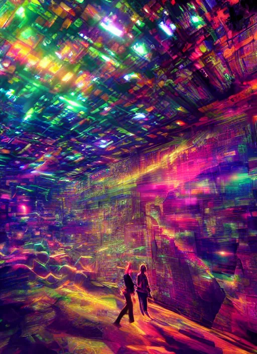 Image similar to cinematic shot cyberspace of creativity, large floating holographic moving images, hyper realistic, mood lighting, fantasy, detailed people creating colorful diverse art, highly detailed, super realistic, perfect lighting pixel sorting, style sheet