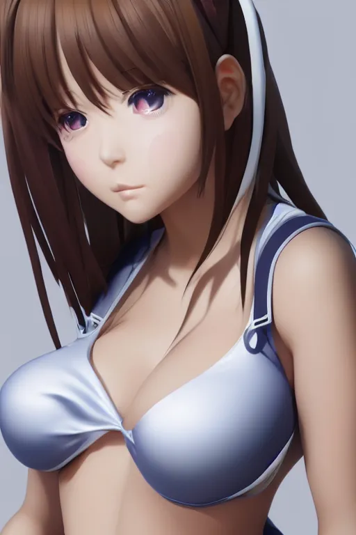 Image similar to photorealistic 3 d render of of an impossibly curvy anime girl featured on pixiv, booru, exaggerated proportions, high resolution digital art, 4 k, beautiful symmetric face, subsurface scattering, volumetric lighting, realistic skin texture