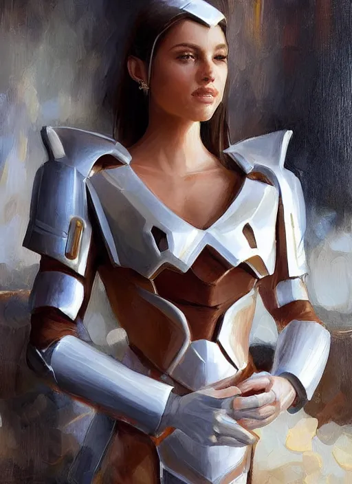 Prompt: stunning woman in a coffee shop wearing low poly, glossy white armor, by mark arian