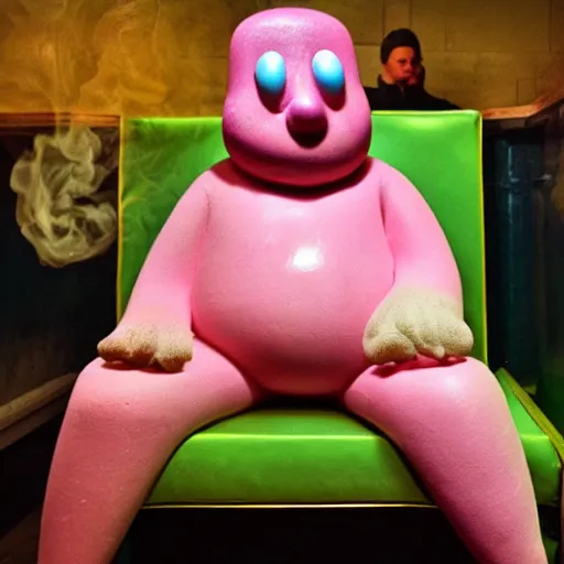 Image similar to Mr Blobby sitting depressed in a smoky cafe