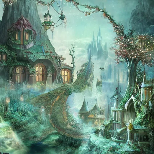 Image similar to **A elf and fairy world, hyper detailed, matte painting, book illustration, paper texture, fairy dust, post processing