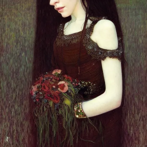 Prompt: Portrait of a beautiful, pale skin, female with long black hair, dark brown narrow-set eyes, faint smile, elegant clothing, photorealistic, highly detailed, artstation, smooth, sharp focus, art by Klimt, artgerm, Greg Rutkowski and Alphonse Mucha, natural light, Adobe Lightroom, photolab, Affinity Photo, PhotoDirector 365, artstation