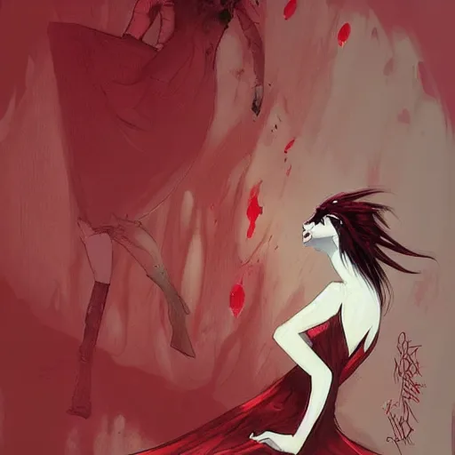 Image similar to the fall of a super mad and with extrem anger filled demon girl in hell with a dark red dress, oppressive and dark amotsphere with many shadows, blood and dark red highlights, concept art by aleksandra waliszewska