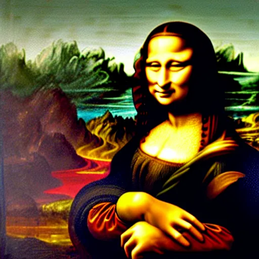 Prompt: mona lisa painting a portrait of leonardo da vinci