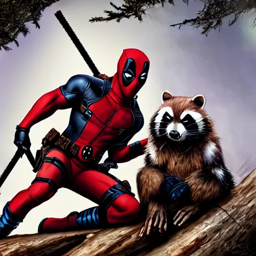 Image similar to deadpool and rocket raccoon in the woods digital art 4 k detailed