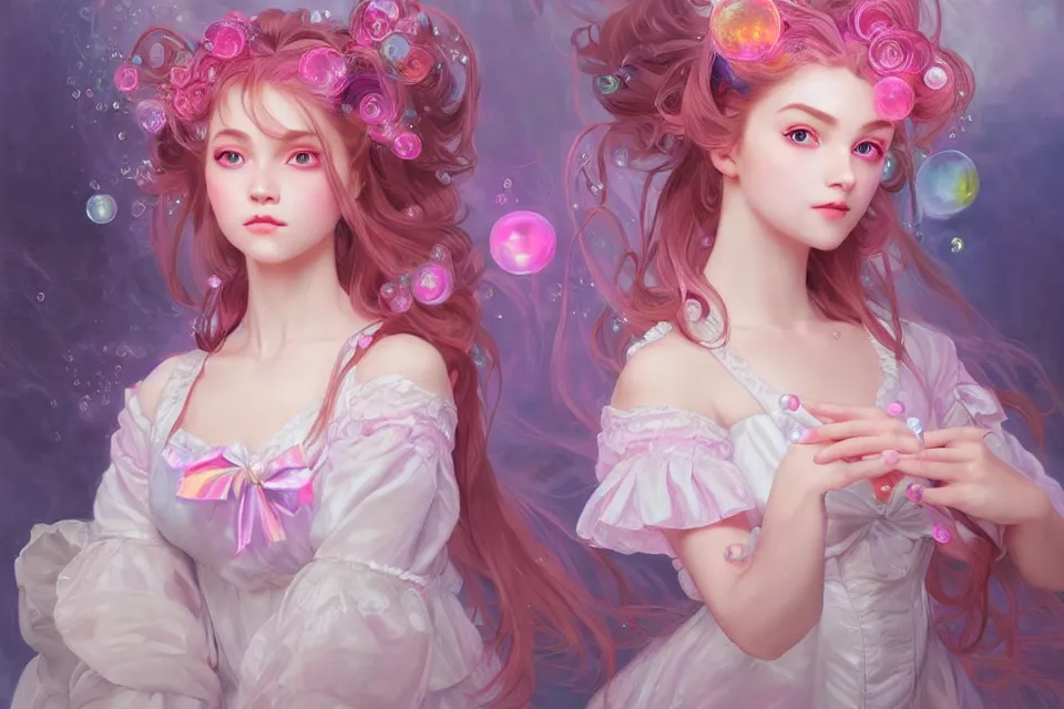 Prompt: dream portrait of magical lolita girl, dreamy and ethereal, expressive pose, big pink eyes, exciting expression, fantasy, intricate, elegant, many rainbow bubbles, rose tones, highly detailed, digital painting, artstation, concept art,cyberpunk wearing, smooth, sharp focus, illustration, art by artgerm and greg rutkowskiand alphonse mucha.