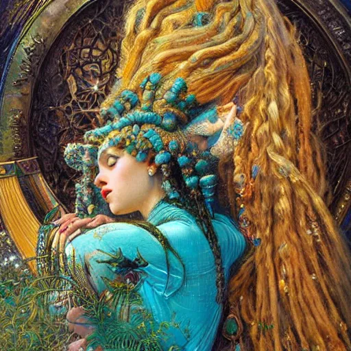 Image similar to intricate detail, hyper detail, by gaston bussiere, sandro botticelli, lady of elche, techno mystic princess intergalactica, inanna, ashteroth, with neon aqua rapunzel dreadlocks, detailed, masterpiece, sharp focus,