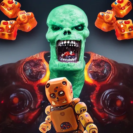 Image similar to panoramic vision of giant humanoid robot demon zombie overlord with gummie bears