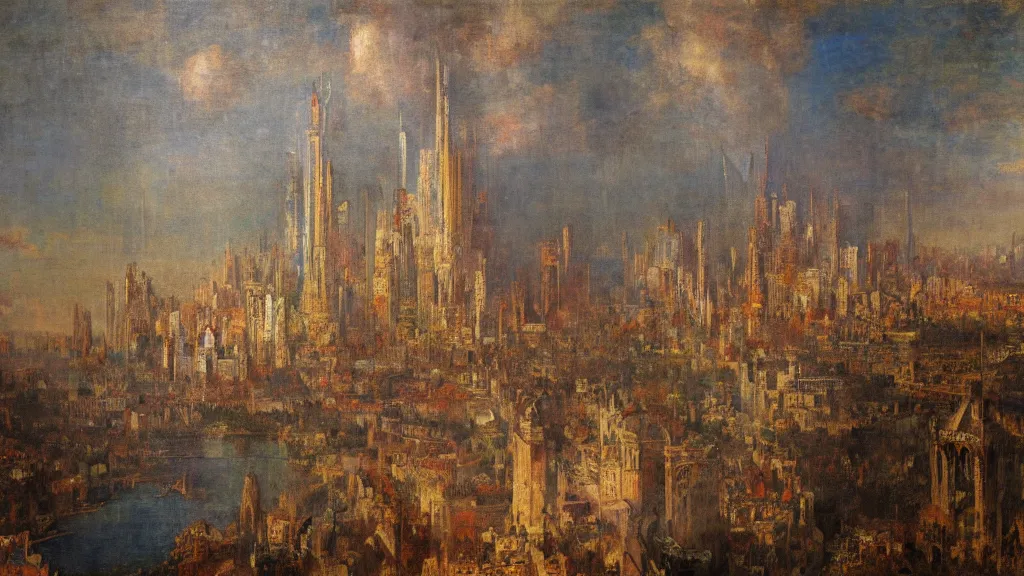 Image similar to a dream city in the style of gustave moreau, fernand keller, oil on canvas, musee d'orsay, 4 k resolution, detailed, enigmatic