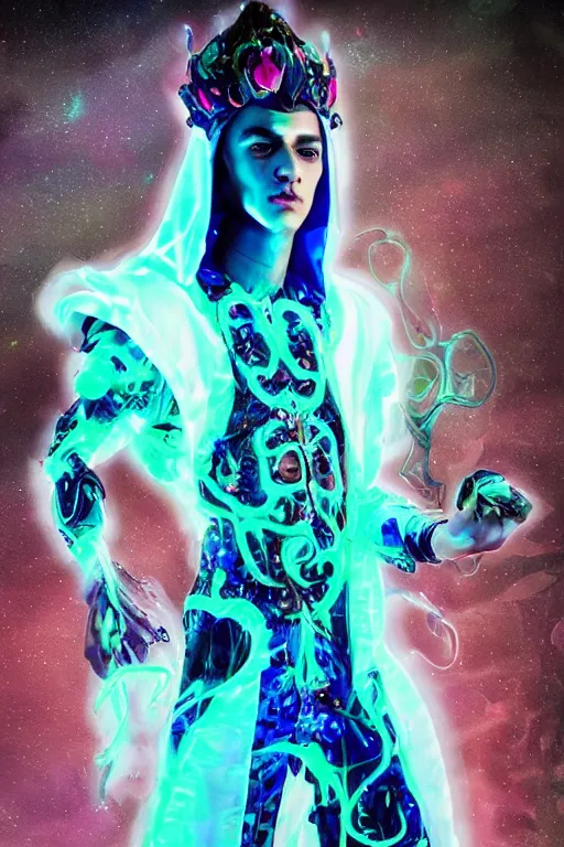 Image similar to full-body rococo and cyberpunk delicate neon crystalline sculpture of ((handsome muscular onyx albino prince Zayn Malik)) as an blue iridescent humanoid deity wearing ((peach plastic hooded cloak)) (holding an onyx skull) in a onyx castle dungeon, reclining, glowing pink face, crown of (pink lasers), large blue diamonds, swirling black silk fabric. futuristic elements. oozing glowing liquid, full-length view. space robots. intricate artwork by caravaggio. Trending on artstation, octane render, cinematic lighting from the right, hyper realism, octane render, 8k, depth of field, 3D