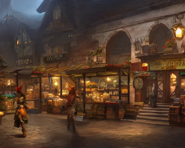 Prompt: fable concept art of bowerstone market, key lighting, soft lights, 8 k render,