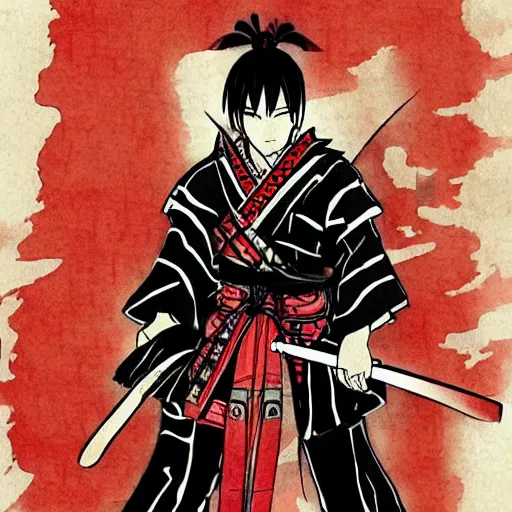 Image similar to it's an anime style of samurai from some japanese anime, i think. the style is very bold - strongly - defined solid colors, rather than shades of shading.