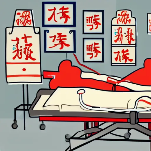 Prompt: chinese surgery operating table, in the style of daniel johnston and outsider art, 8k, line brush, minimal, overlaid with traditional chinese adverts