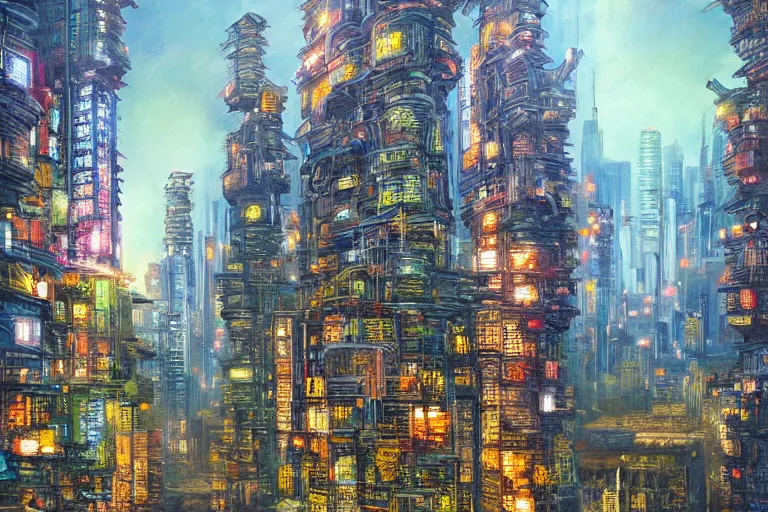 Prompt: oil painting, super - detailed scene of dystopian shipping container skyscrapers, cyberpunk garden, agbogbloshie, bioluminescent cyber - garden, japanese sci - fi books art, artwork by jean giraud, hd, 4 k, high quality