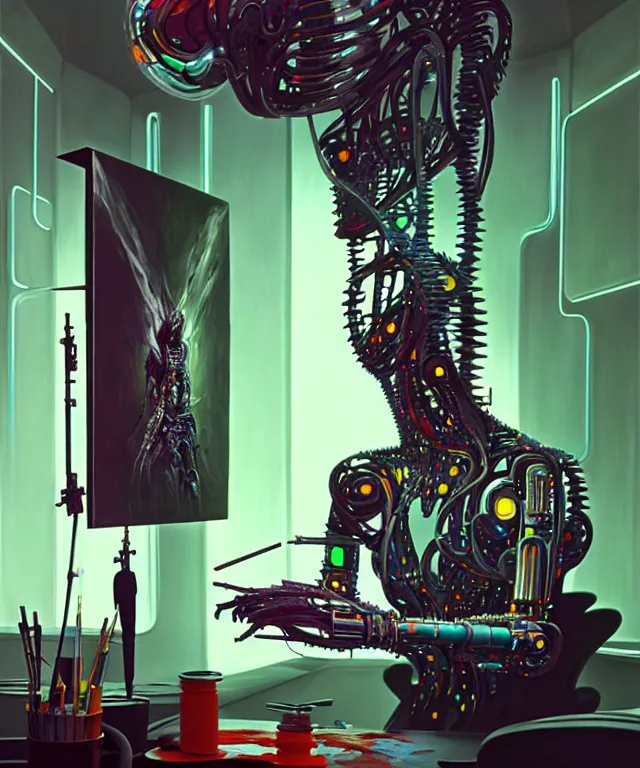 Image similar to photo of futuristic holy futuristic cyborg - robot - painter - artist creating a painting with acrylic paint and brushes in a futuristic artist studio by h. r giger, by, rich deep colors. masterpiece, intricate artwork by tooth wu and wlop and beeple, gaspar noe, james cameron,