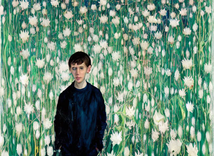 Image similar to portrait of nervous boy with in a room with an acoustic guitar standing next, wall paper field of lily's, hernan bas and pat steir and hilma af klint, psychological, photorealistic, dripping paint, washy brush, rendered in octane, altermodern, masterpiece