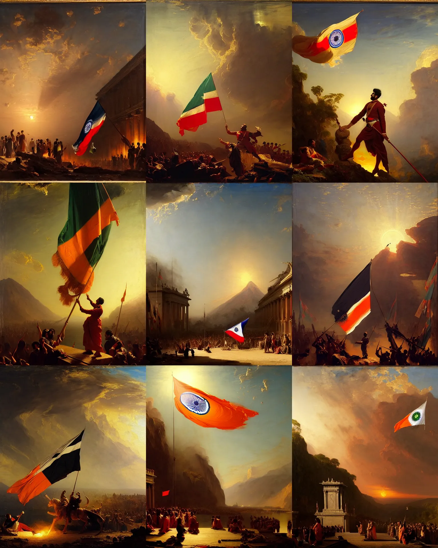 Prompt: a cinematic dramatic painting of death of indian flag, oil on canvas, by frederic edwin church, by abraham pether, by greg rutkowski, trending on artstation, featured on pixiv, baroque rococo color scheme, masterpiece, dramatic composition, brilliant lighting, highly detailed, hd, 8 k