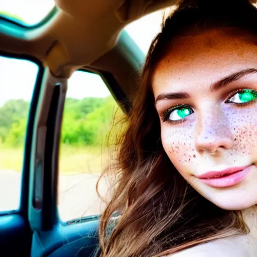 Image similar to a beautiful cute young woman with vivid emerald green eyes takes a photo of herself, sitting in her car, long bronze brown hair, flushed face, red blush, light freckles, big puffy lips, smiling softly, soft features, 8 k, sharp focus, instagram, portra 4 0 0