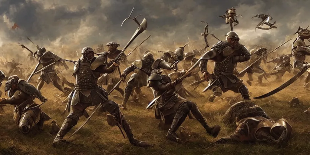 Image similar to an expansive battlefield scene showing a battle between bipedal medieval armored frogs and bipedal rat men with swords, extremely detailed, 8k resolution, in gladiator, cinematic, art by artgerm