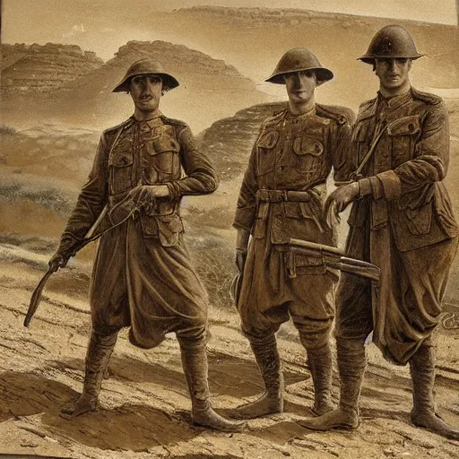 Image similar to ultra detailed photorealistic sepia - toned painting from 1 9 1 7, three british soldiers standing at an archaeological dig site in wadi rum, ultra realistic, painted, intricate details, lovecraft, atmospheric, dark, horror, brooding, highly detailed, by angus mcbride
