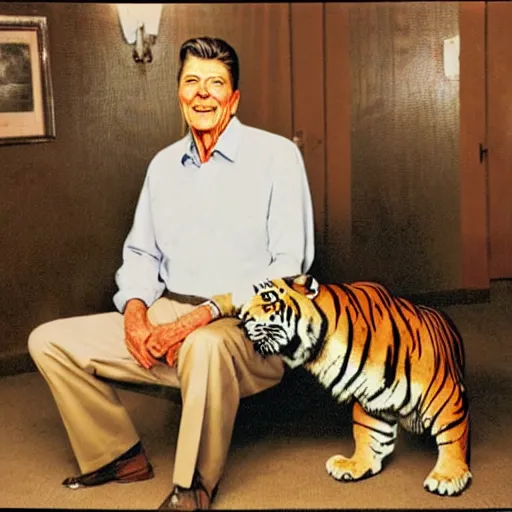 Image similar to [ ronald reagan sitting in chair with a tiger lying at his feet ]