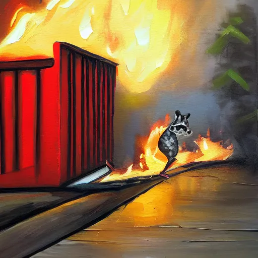 Prompt: a dumpster on fire, raccoons running around, high art, oil painting