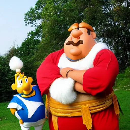 Prompt: Astérix and Obelix posing by Uderzo