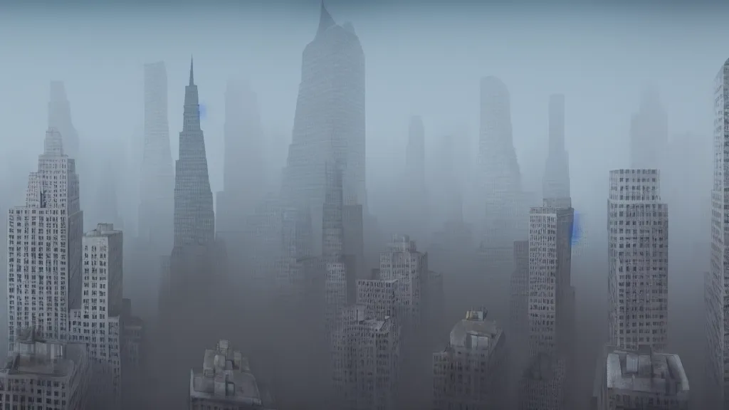 Image similar to Hulk sized Obama towers over a foggy Manhattan; render by Beeple, 4K