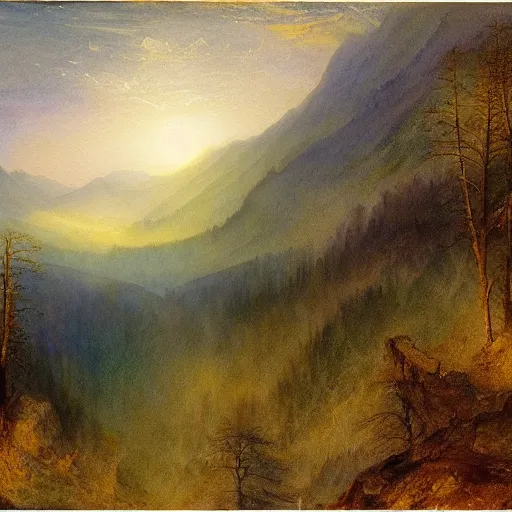 Image similar to a beautiful watercolor painting of an epic appalachian wilderness at dawn by j. m. w. turner, wide angle shot, godrays, mystical, deep shadows, epic scale