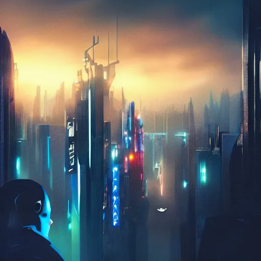 Image similar to « futuristic city, cyberpunk, blade runner, sunrise, morning, girl watching the sky, ground view to the top »