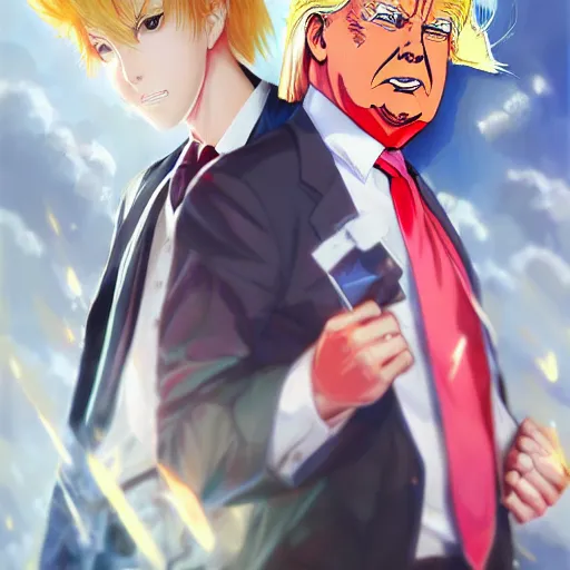 Image similar to anime portrait of Donald Trump as an anime boy by Stanley Artgerm Lau, WLOP, Rossdraws, James Jean, Andrei Riabovitchev, Marc Simonetti, and Sakimichan, trending on artstation