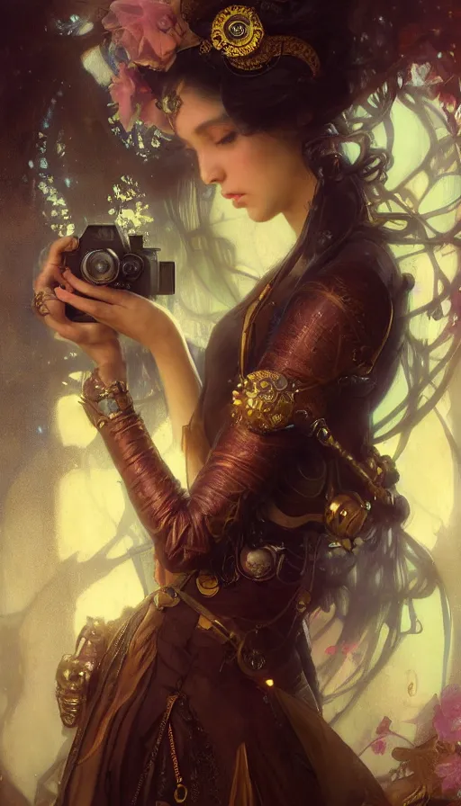 Image similar to hyper realistic photographer taking a picture, magical, gems, jewels, gold, steampunk, cyberpunk, painted by tom bagshaw, mucha, gaston bussiere, craig mullins, j. c. leyendecker 8 k