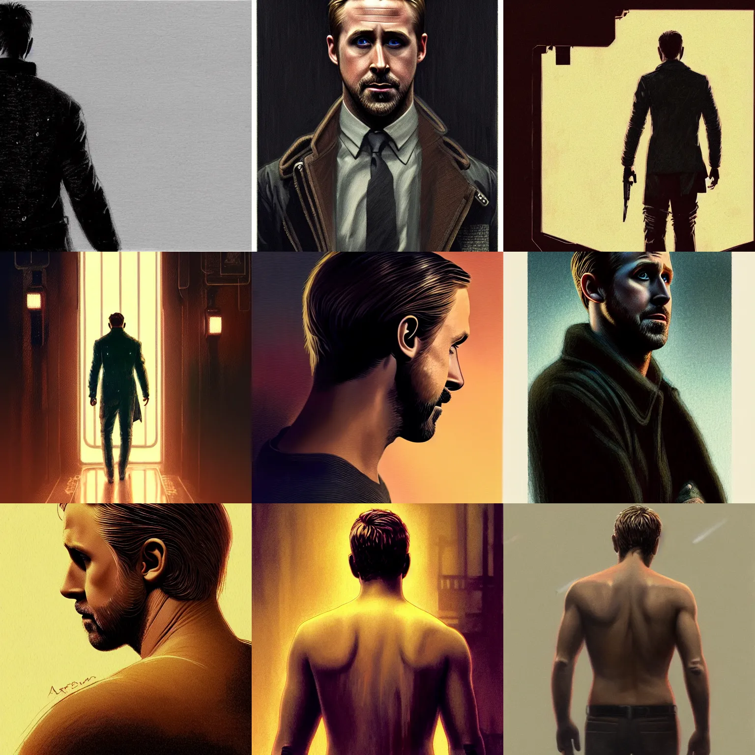 Prompt: back view portrait of a ryan gosling in blade runner 2049, full body, hairy torso, D&D, fantasy, intricate, elegant, highly detailed, digital painting, artstation, concept art, matte, sharp focus, illustration, art by Artgerm and Greg Rutkowski and Alphonse Mucha