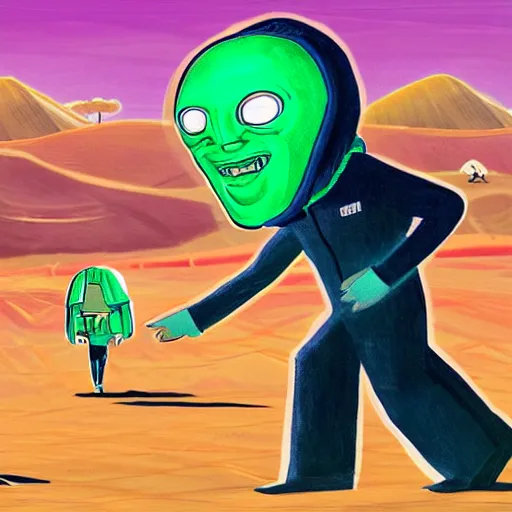 Image similar to drawing of Joe Biden , dressed in an alien costume , walking in the desert , in the style of Simon Stalenhag