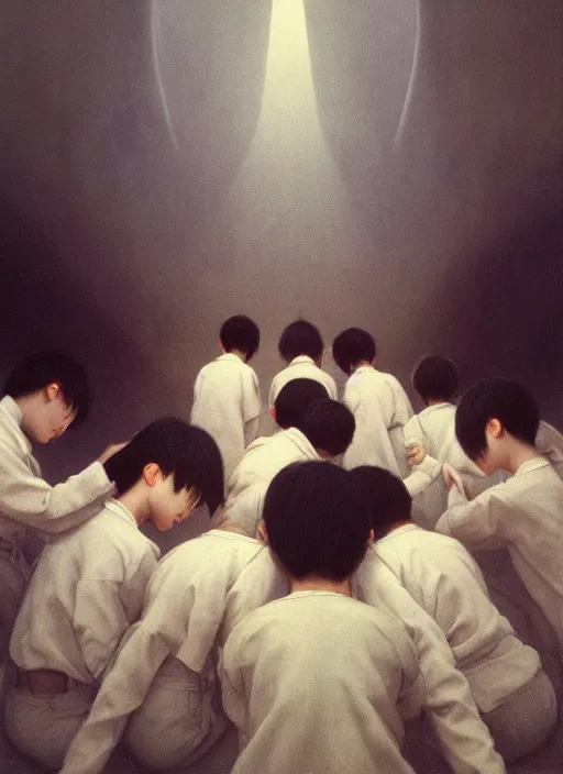 Image similar to low angle shot, wide lens of group of young asian student with white uniform looking at the camera, octane render, photorealism, by waterhouse, highly detailed, high quality, by beksinski, 8 k, haunting, by millaise