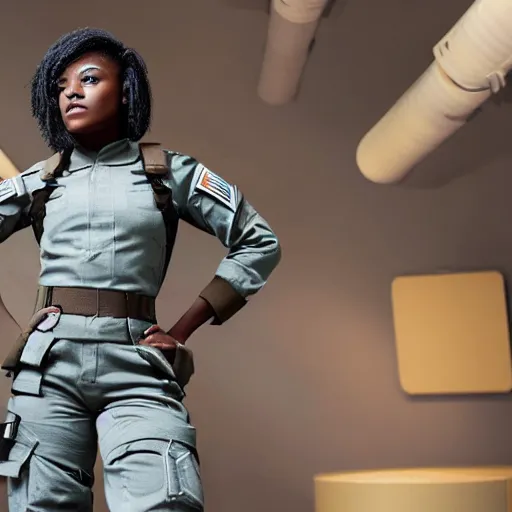 Image similar to a futuristic female soldier with brown skin and short hair in a spaceship