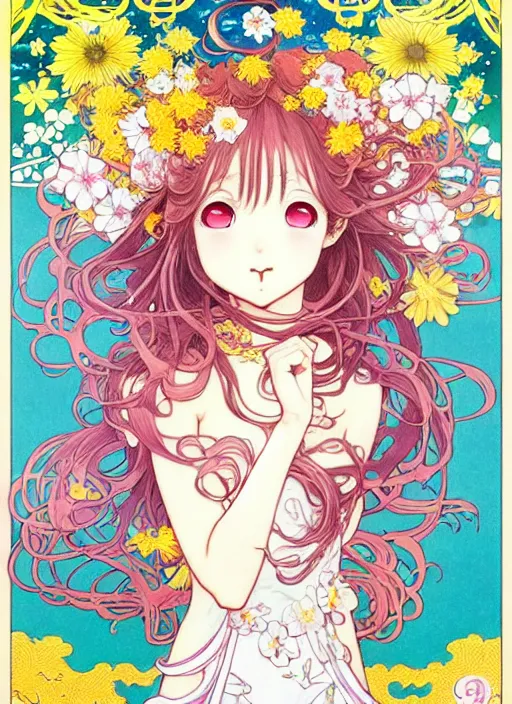 Image similar to exquisite imaginative manga poster art of a smiley girl, long wavy hair, flowers, rococo dress, dove, shimmering, by kojima ayami, shigenori soejima, minaba hideo, alphonse mucha, jump comics, shogakukan, art nouveau, illustration, artstation, highly detailed, 8 k, fluorescent, maximalist