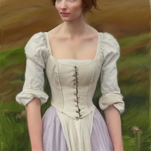 Prompt: eleanor tomlinson posing peasantry clothing, wistful bosom, highly detailed, digital painting, smooth, sharp focus, poldark 3 5 mm