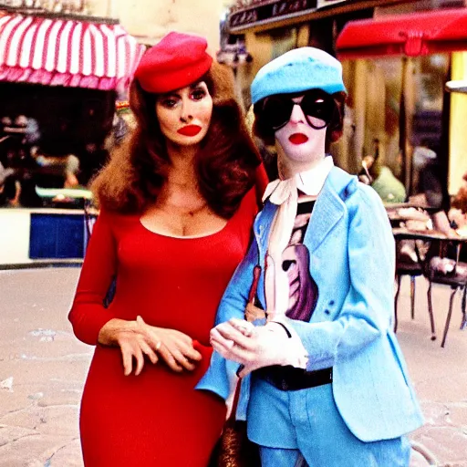 Prompt: professional archival photo of a glamorous woman and her friend, a puppet that looks like Caspar the Friendly Ghost, in a sidewalk cafe in paris, wearing berets, 16mm film soft color, earth tones and some primary colors 1976, archival footage, in style of doris wishman russ meyer, woman looks like sofia loren