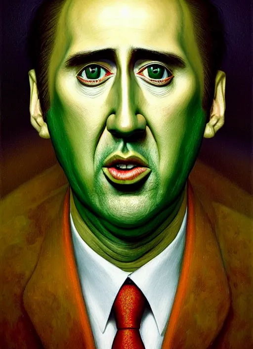 Image similar to hyper detailed 3d render like an Oil painting - Portrait of nicholas cage as an anthropomorphic pickle by Jacek Yerka, Mariusz Lewandowski, Houdini algorithmic generative render, Abstract brush strokes, Masterpiece, Edward Hopper and James Gilleard, Zdzislaw Beksinski, Mark Ryden, Wolfgang Lettl, hints of Yayoi Kasuma, octane render, 8k