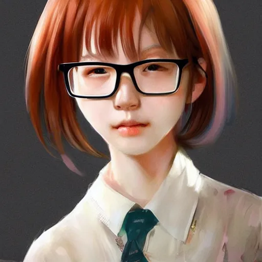 Prompt: a perfect, amazing, beautiful CG digital concept art of cute Japanese schoolgirl wearing glasses. By Ruan Jia and Fenghua Zhong, trending on ArtStation