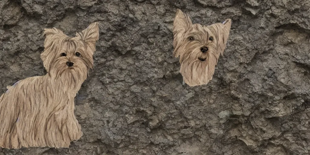 Image similar to A Yorkshire Terrier very roughly sketched on the wall of a cave, a petrogliph, stone art by Pueblan peoples, stone art