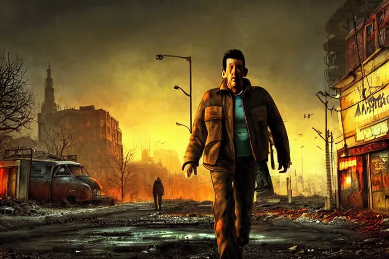 Prompt: fallout 5, jim carrey and adam sandler, portrait, outdoors european cityscape, atmospheric lighting, painted, intricate, volumetric lighting, beautiful, daytime, winter, clear weather, mutated wildlife, sharp focus, deep colours, ultra detailed, art by william turner
