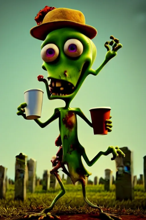 Image similar to a funny zombie character like plants vs zombies with big eyes holding a cup of coffee on a cemetery at night. pixar disney 4 k 3 d render movie oscar winning trending on artstation and behance. ratatouille style.