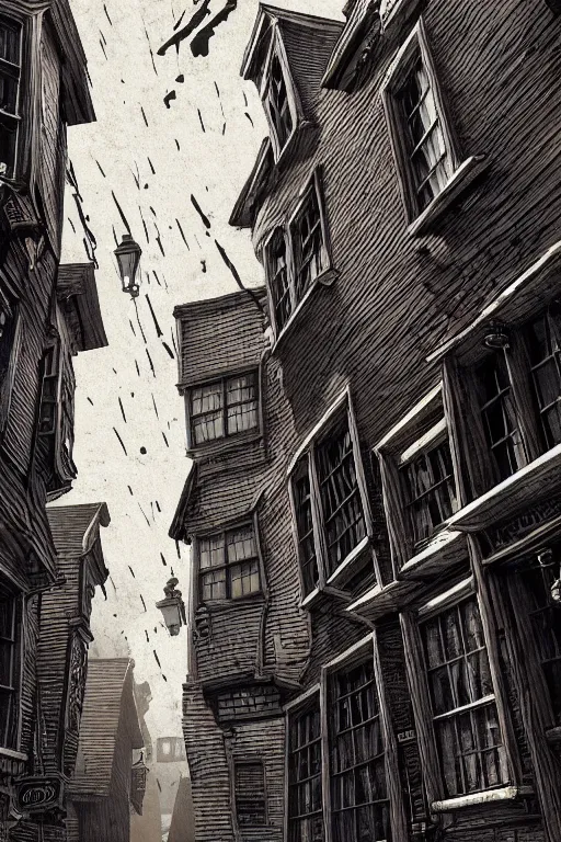 Prompt: a beautiful woodcut print of diagon alley, 8 k, frostbite 3 engine, cryengine, dof, trending on artstation, digital art, crepuscular ray, art by fossi _ images and tugboat printshop