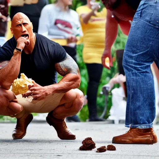 Prompt: dwayne johnson shocked at dropping his ice cream cone on the ground, wide shot