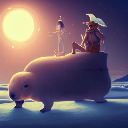 Image similar to beautiful digital fantasy illustration of a Birth Machine, Capybara pirate, keeping vigil over the salt flats, lights in the night, highly detailed, soft lighting, rendered in octane, masterpiece, very very very aesthetic, exquisite marble details