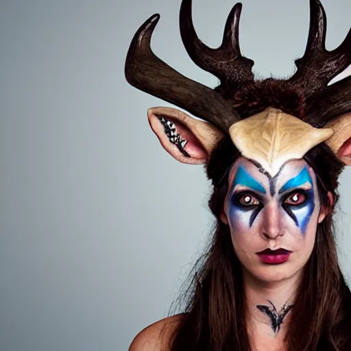 Image similar to tiefling druid with deer antlers growing out of their head and large tribal jewelry and face paint