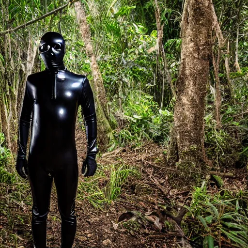 Image similar to national geographic photo, a man wearing a black shiny latex suit including pants and a shirt and mask crawling through dense jungle underbrush, night photo,