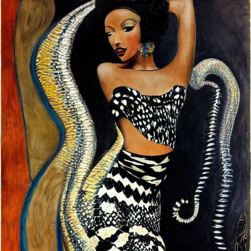 Image similar to josephine baker with snake skirt, intricate detail, painting, jazz age, miro, klimt, royo, frazetta, whealan,